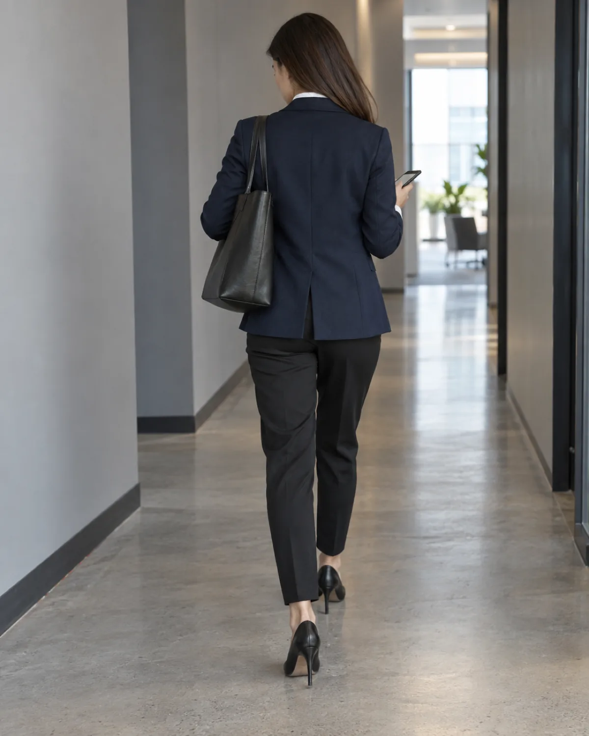 A woman walking away down a clean office corridor wearing a navy blazer over a white button-front shirt with tapered black trousers, black pointed-toe pumps and a black leather tote on one shoulder, shot from behind