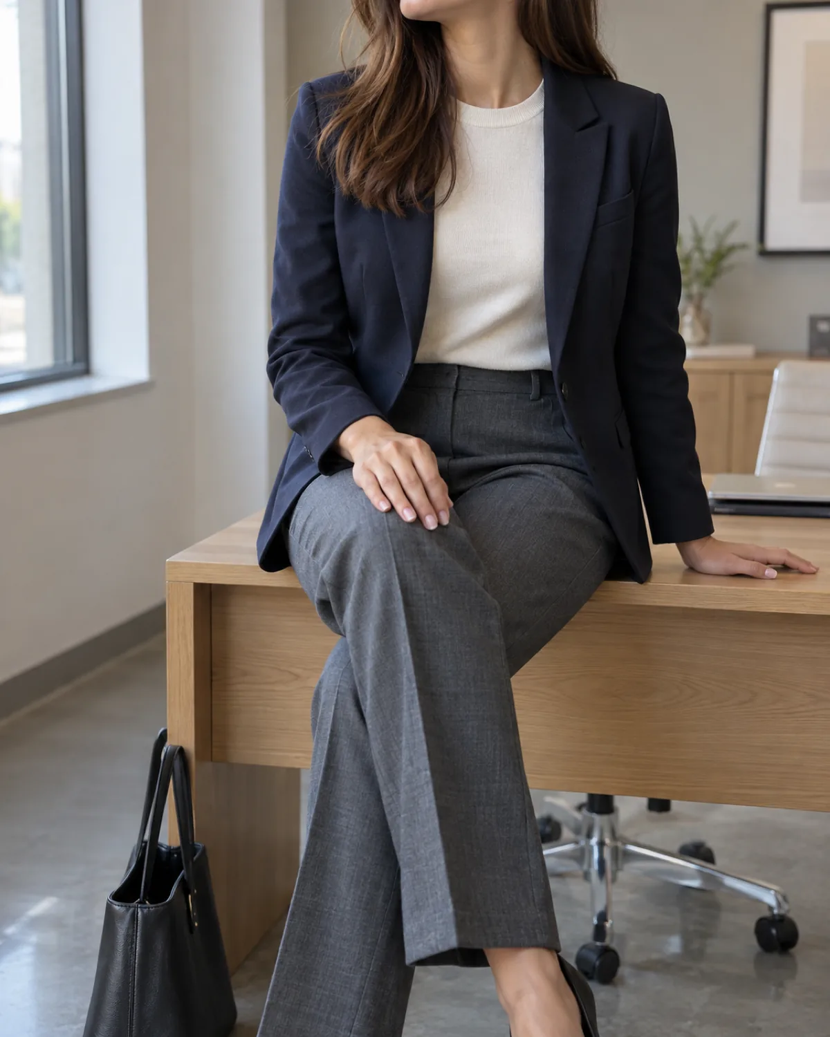 A woman seated at the edge of a light oak desk in a modern office wearing a navy blazer over a cream fine-gauge crewneck knit with dark grey straight-leg trousers and a black leather tote on the floor