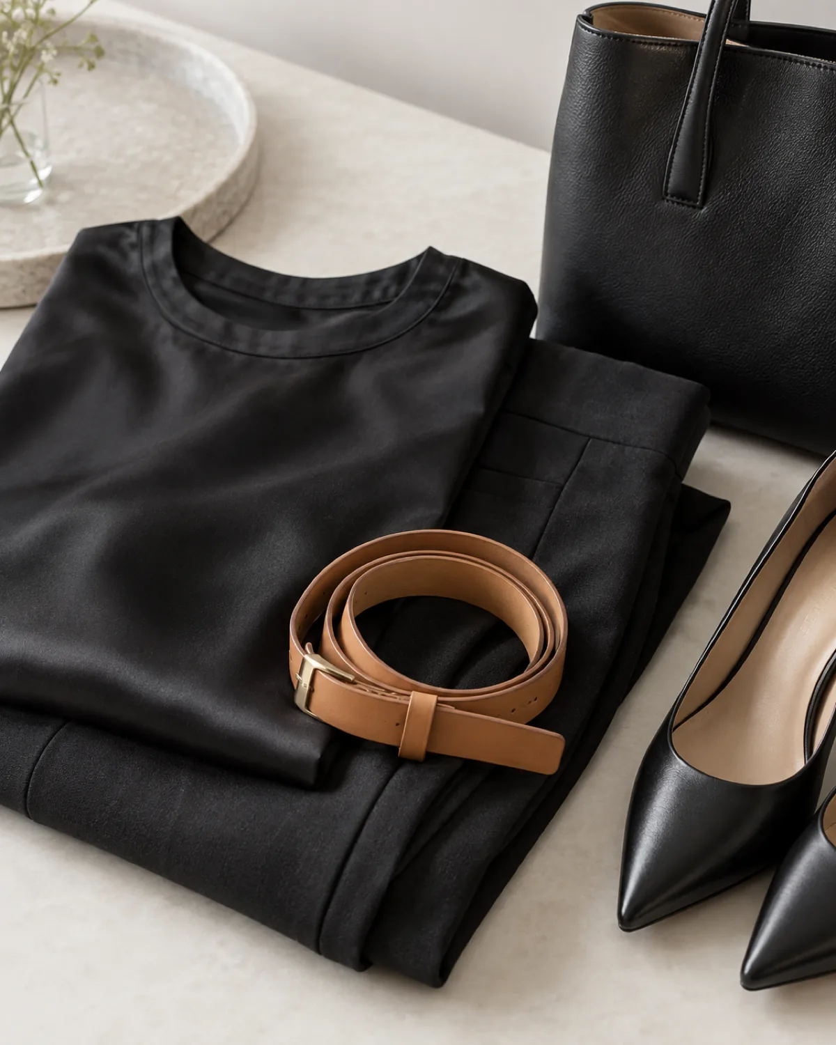 A stacked detail arrangement of a folded black silk shell, black trouser fabric, a coiled camel leather belt and the toe of a black pointed-toe pump on a pale surface