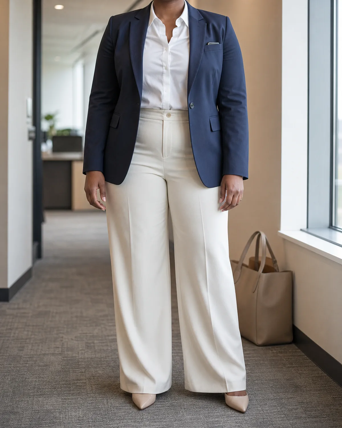 A curvy woman in a navy blazer worn open over a white button-down tucked into ivory high-rise wide-leg trousers with nude pointed-toe shoes, standing in an office hallway