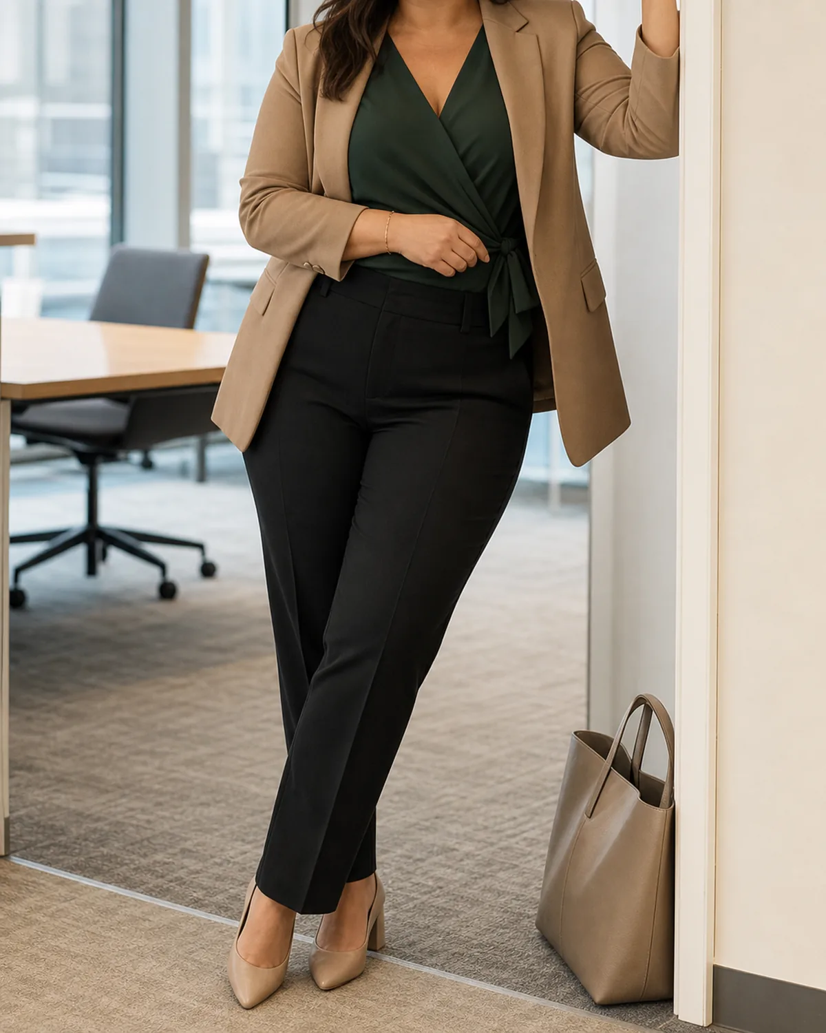 A curvy woman leaning one shoulder against an office doorframe wearing a camel blazer over a forest-green wrap top tied at the side with black tailored trousers and nude block-heeled pumps