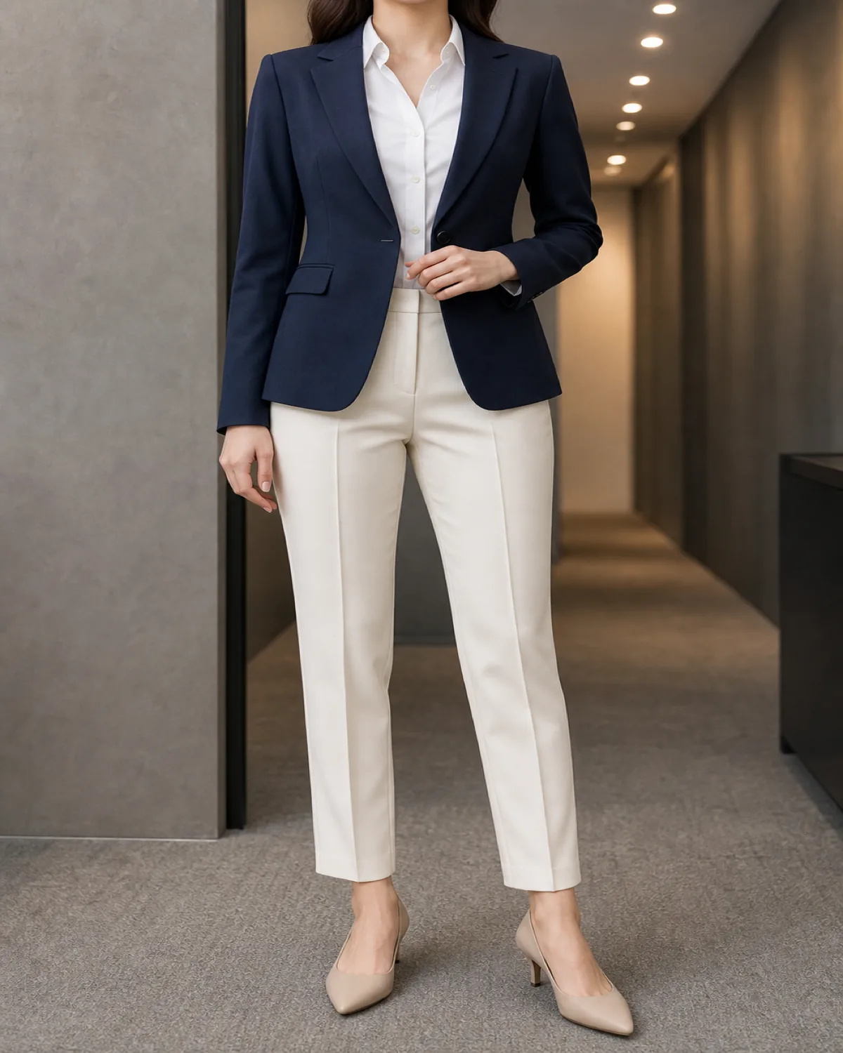A woman in a navy blazer over a white button-down shirt tucked into ivory tailored trousers with nude pointed-toe flats, standing in an office hallway