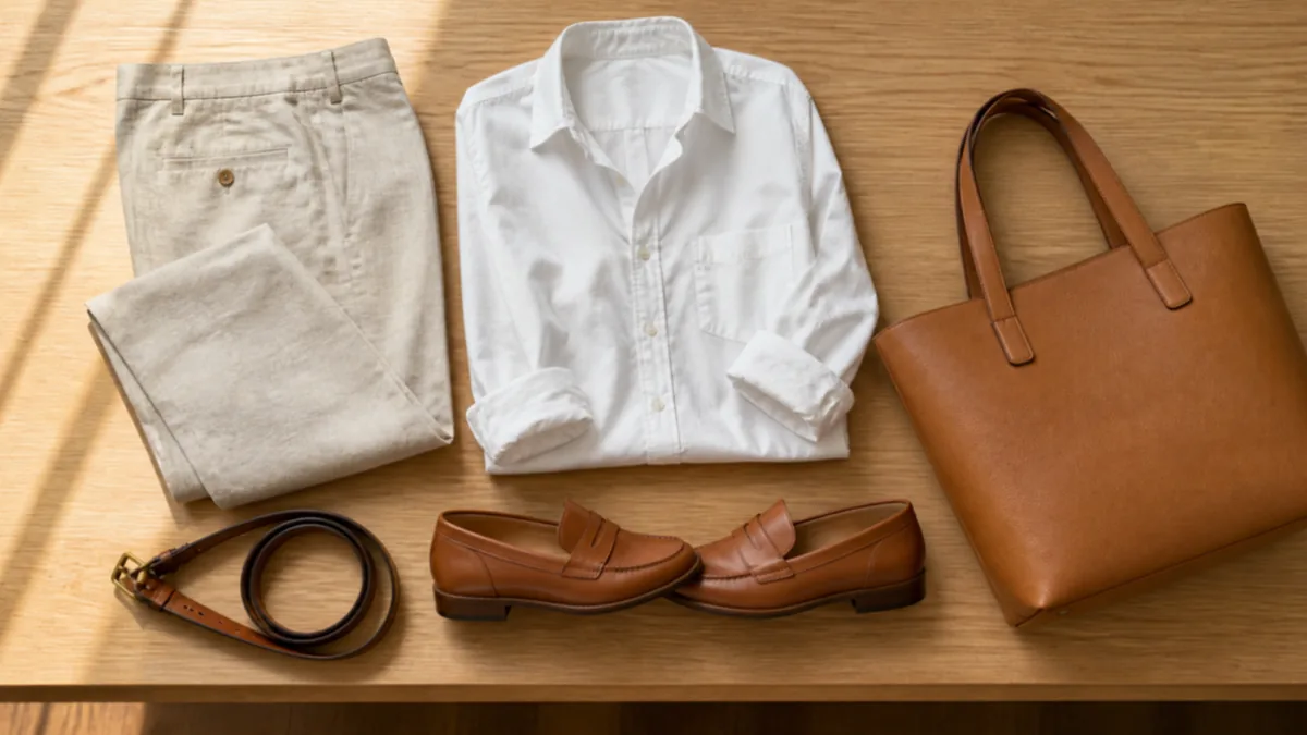A flat-lay of a summer business casual outfit on a warm oak desk including folded linen-blend trousers, a white poplin shirt, brown leather loafers, a thin belt, and a structured tan tote