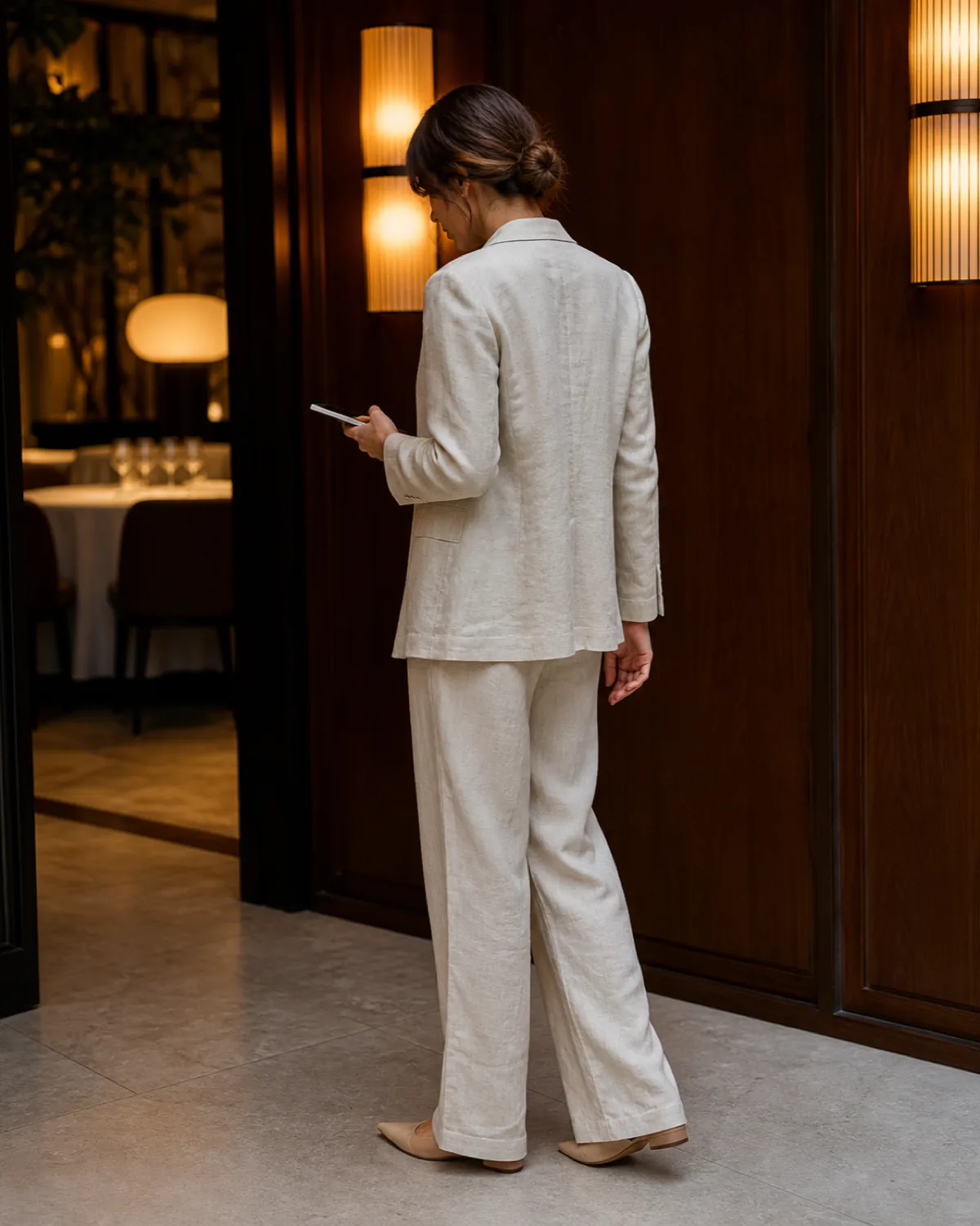 A woman seen from behind in an unlined beige linen blazer over a champagne silk camisole with matching linen trousers, checking her phone in a warm wood-panelled restaurant entry
