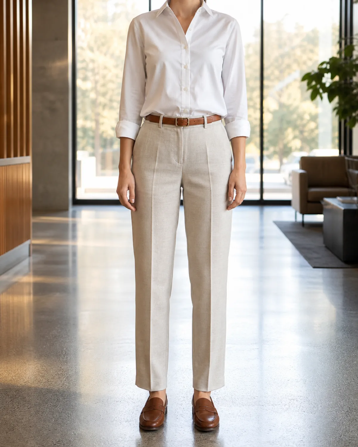 A woman standing in an office lobby wearing a white poplin shirt with rolled cuffs tucked into cream linen-blend trousers with a thin brown belt and brown leather loafers