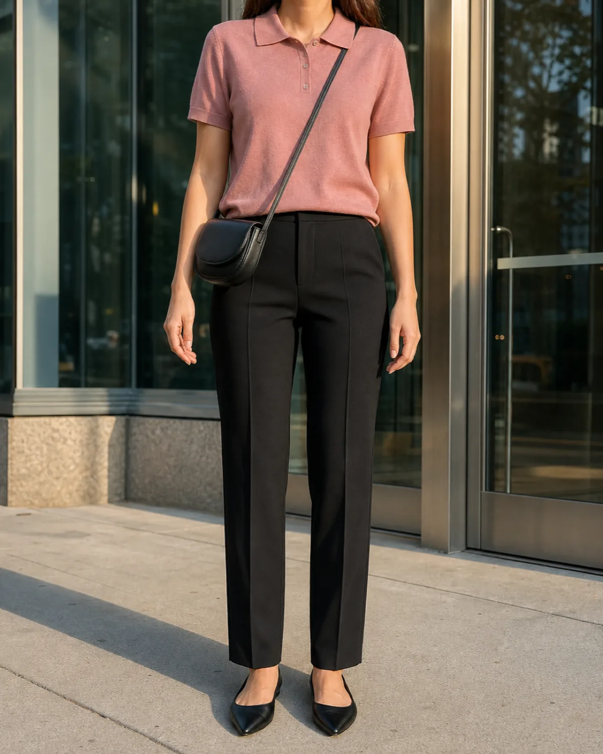 A woman standing outside a glass office building in a dusty rose fine-knit polo and black ponte trousers with a small black crossbody bag and black flats