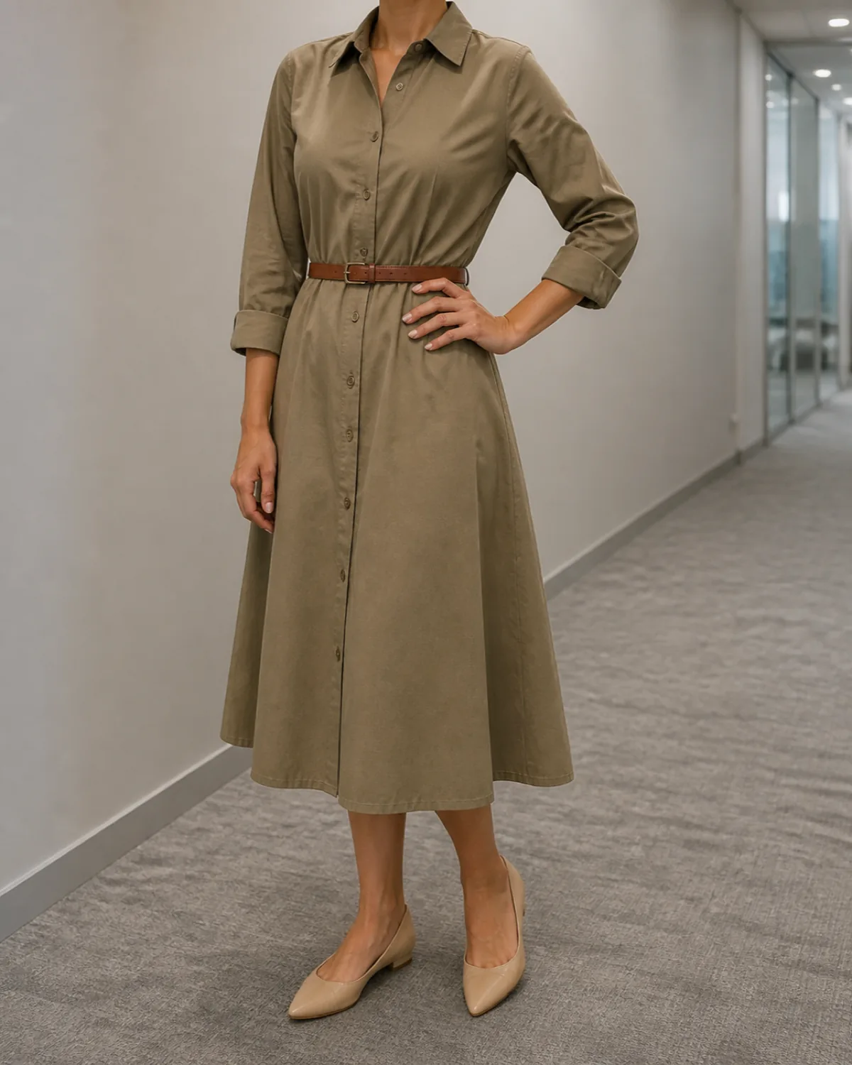 A woman in a belted khaki midi shirt dress with rolled sleeves and nude pointed-toe flats standing in an office corridor with one hand on her hip