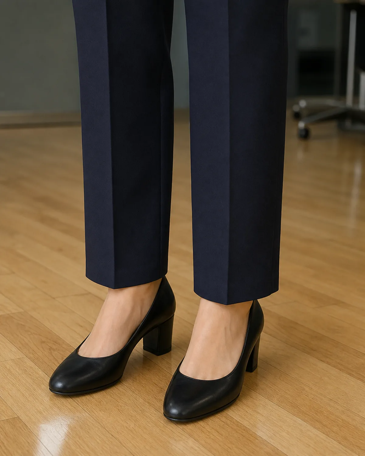 Close crop of navy wool trouser hems and black leather closed-toe block-heel pumps on a light hardwood office floor