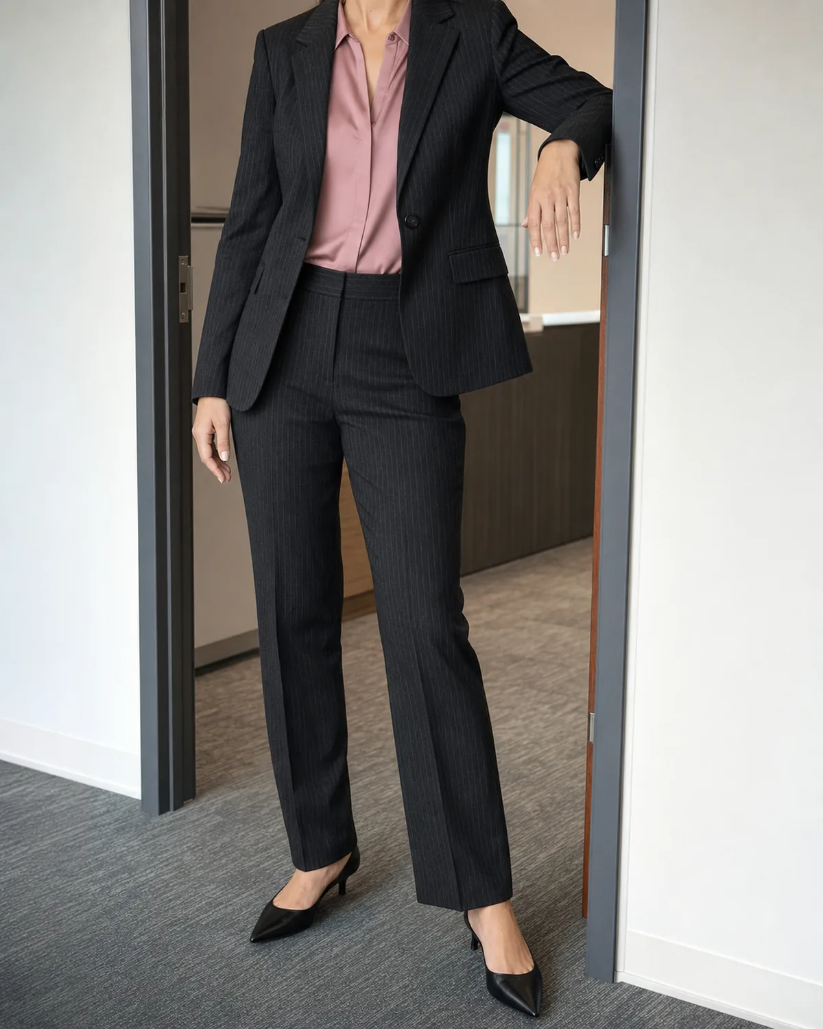 A woman leaning against an office doorframe wearing a dark charcoal pinstripe trouser suit with a dusty-rose silk blouse and black pointed-toe shoes
