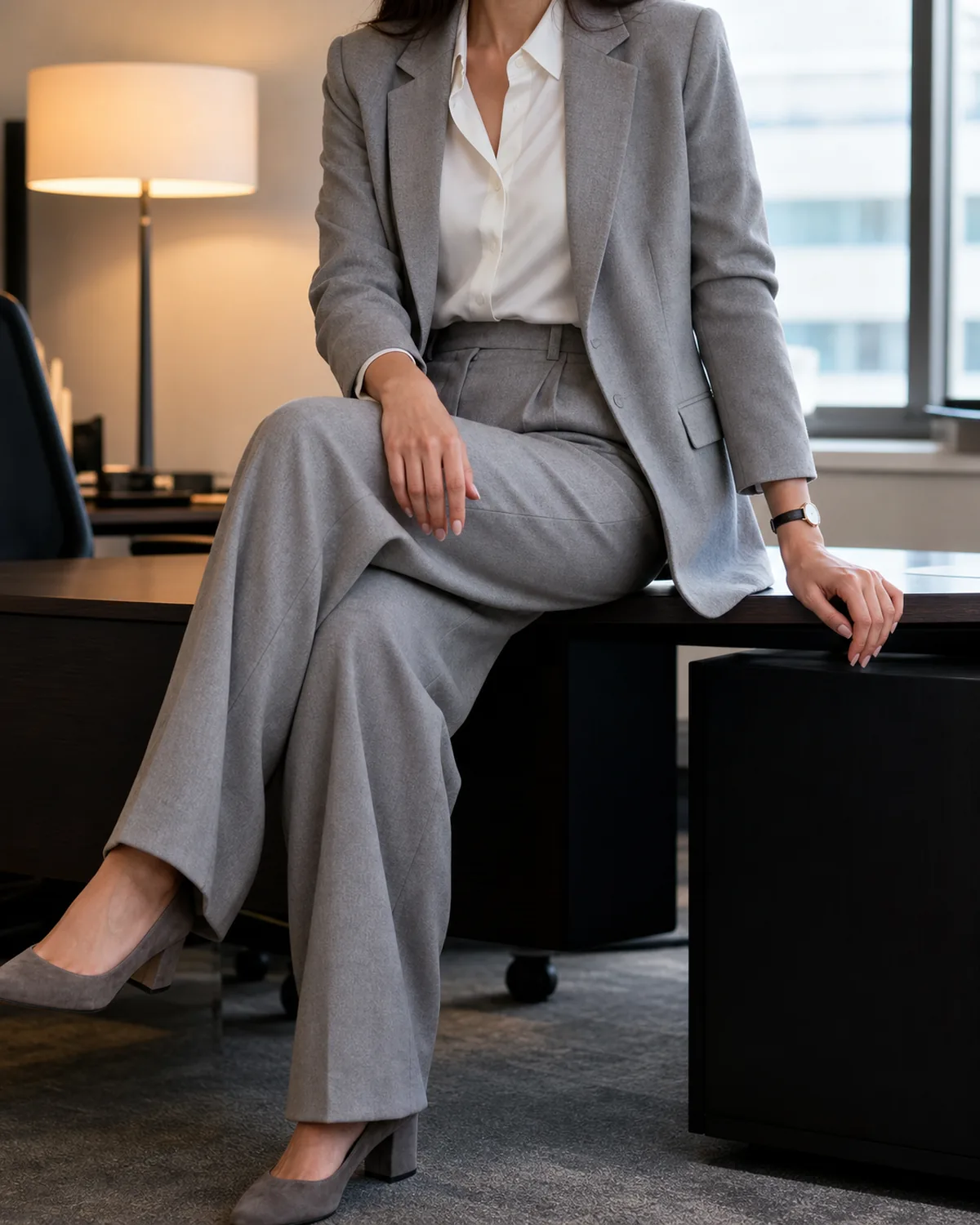 A woman seated at a desk edge with legs crossed wearing a dove grey wool wide-leg trouser suit with a white button-front blouse, grey suede block-heel pumps and a plain thin watch
