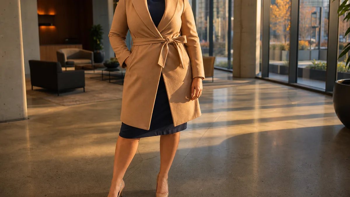 A midsize woman in a camel wrap coat over a navy sheath dress standing in a modern corporate lobby with warm October afternoon light