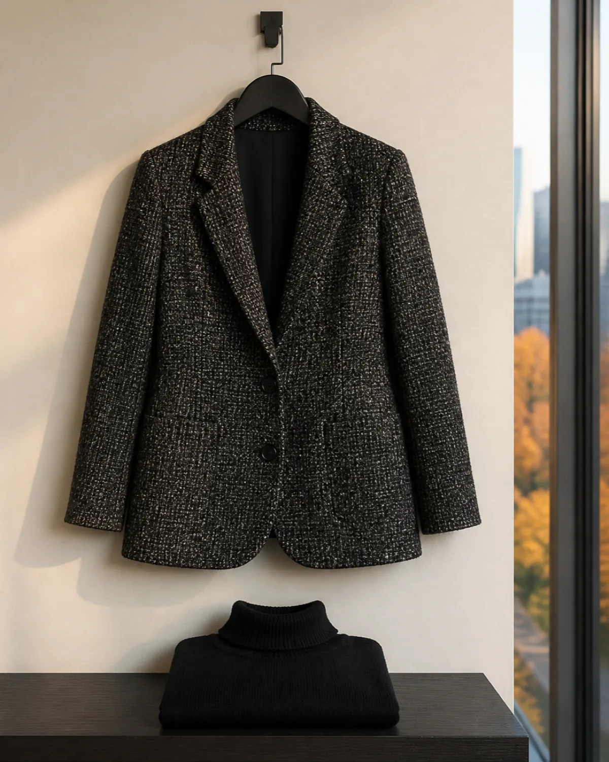 A charcoal tweed blazer on a black wooden hanger against a cream wall with a black fine-gauge turtleneck folded on a shelf below