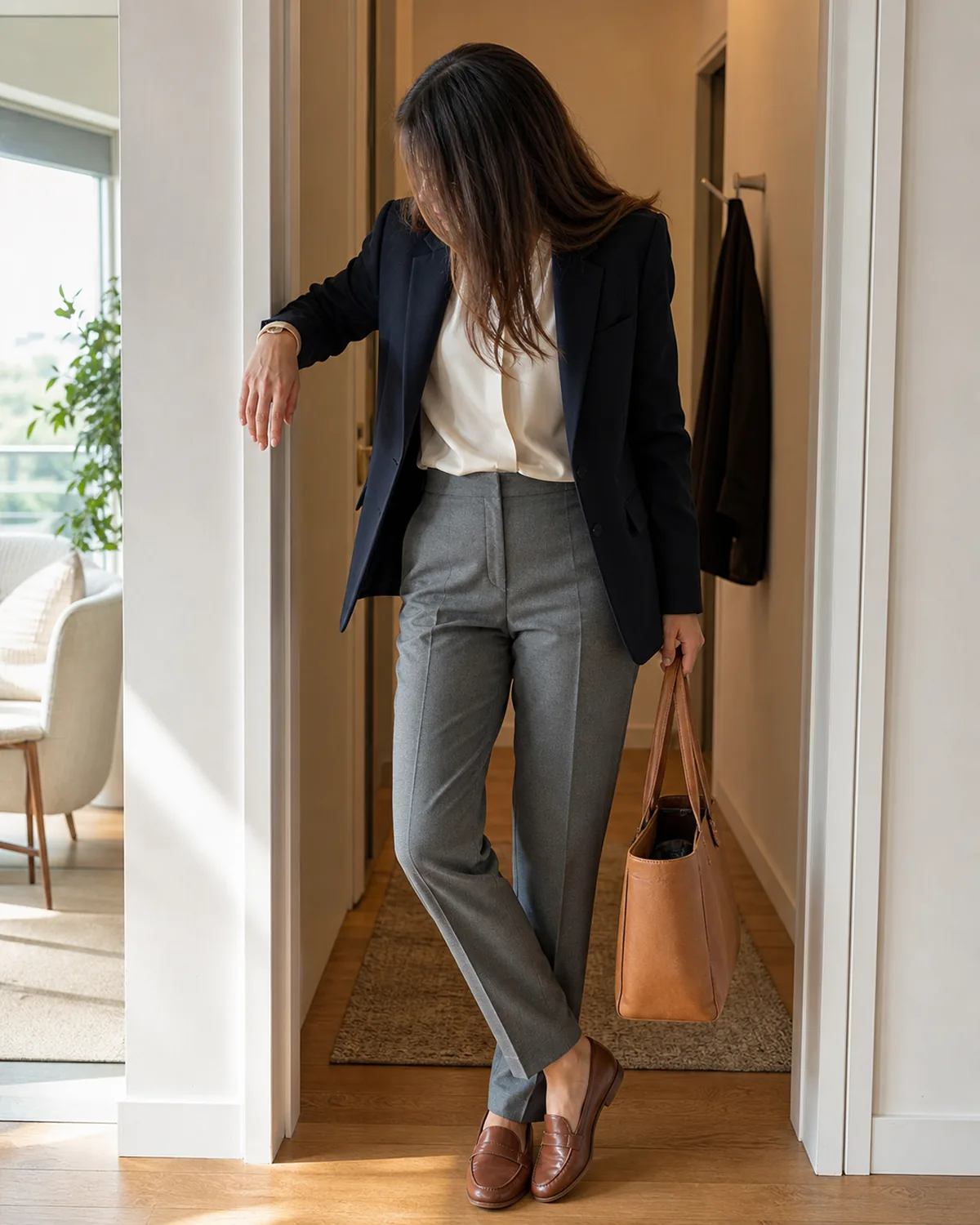 A woman leaning against an apartment doorframe wearing a dark navy blazer over a cream blouse and grey tailored trousers, brown loafers, and a tan leather tote