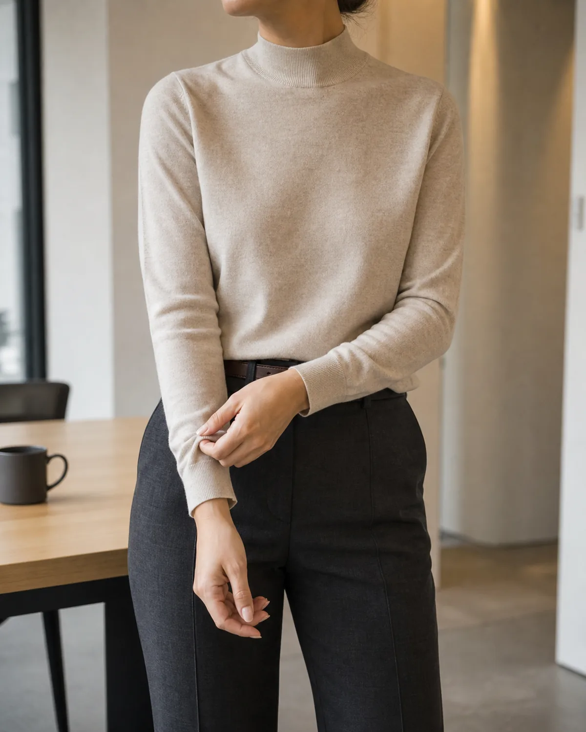 Mid-torso crop of a woman in an oatmeal mock-neck knit front-tucked into dark charcoal trousers with a thin brown leather belt, adjusting her cuff in a modern office