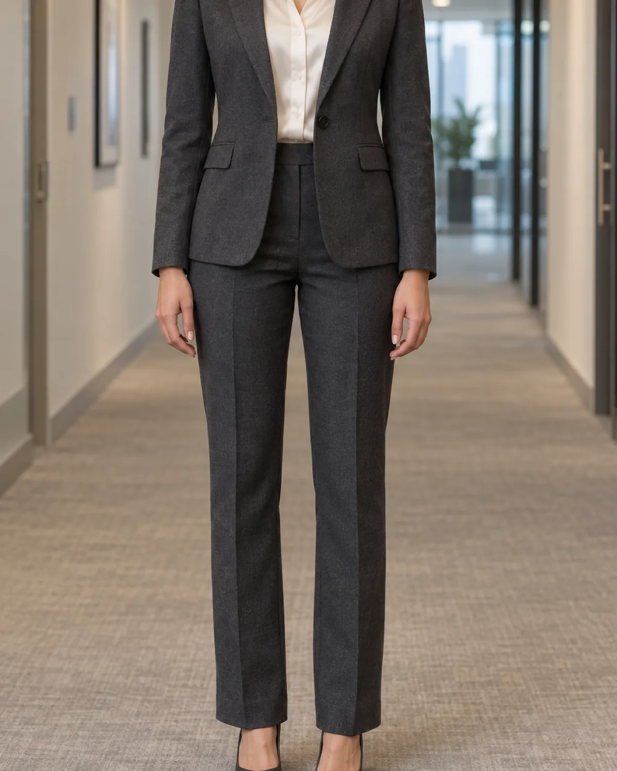 A woman standing straight-on in a corporate corridor wearing a charcoal single-breasted wool pantsuit with a cream silk blouse tucked in and charcoal pointed-toe pumps, head cropped out of frame