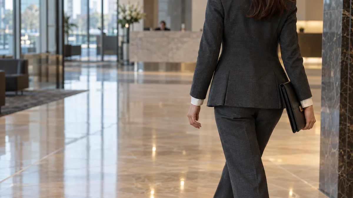 A woman in a charcoal wool pantsuit walking through a corporate office lobby with marble floors and glass partition walls, carrying a dark leather portfolio, shot from behind with head cropped out