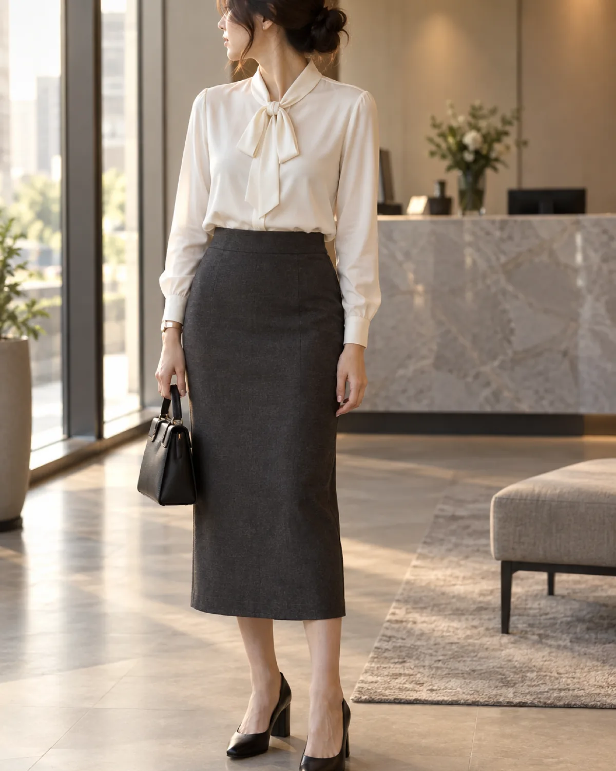 A woman standing in an office reception area wearing a charcoal straight midi skirt at mid-calf, a cream silk bow-collar blouse tucked in, and black block-heel pumps, holding a small structured black handbag, head turned to side