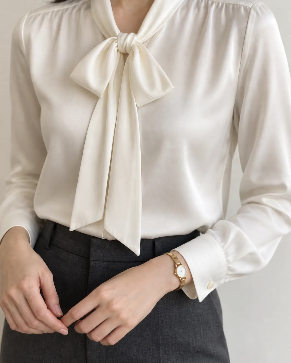 Close crop of a woman's collar and upper torso showing an ivory silk tie-neck blouse with a soft bow at the collar, a slim gold-tone watch on the left wrist, and charcoal trouser waistband at the bottom of frame