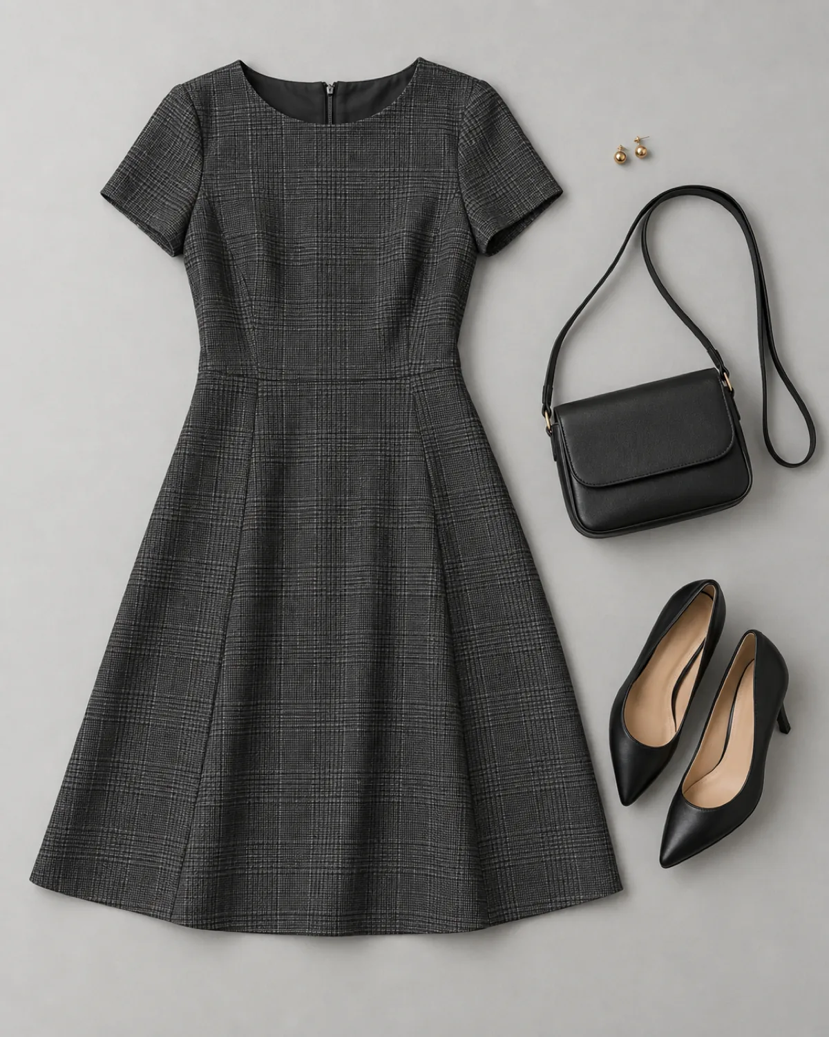 Overhead flat-lay of a dark grey glen check A-line dress with black pointed-toe pumps, a small black crossbody bag and gold stud earrings arranged on a light grey surface