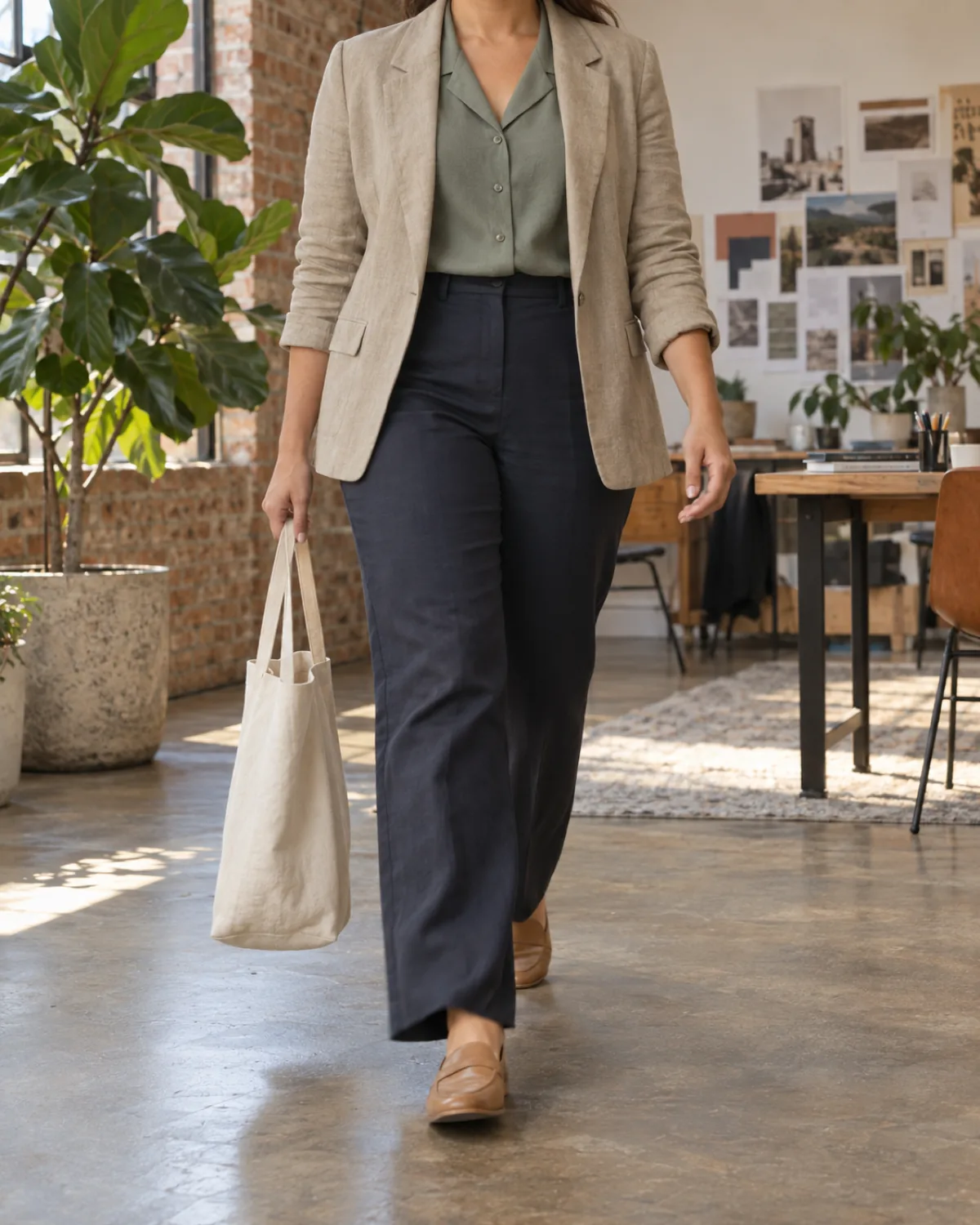 A midsize woman walking through a creative office with exposed brick, wearing a sage camp-collar blouse under a khaki linen blazer with navy trousers