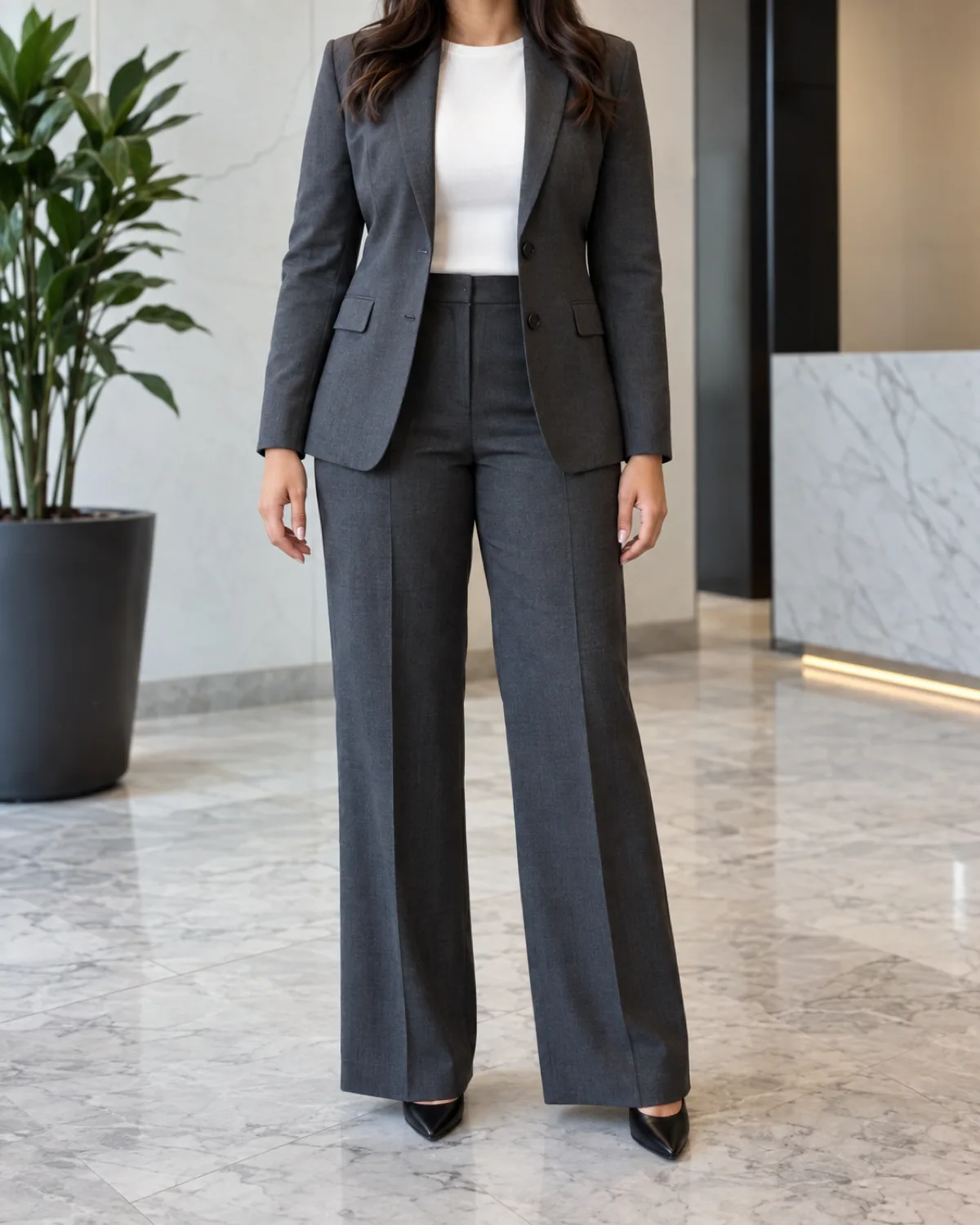 A midsize woman in a charcoal trouser suit with a white crew-neck shell tucked in, standing in a modern office lobby