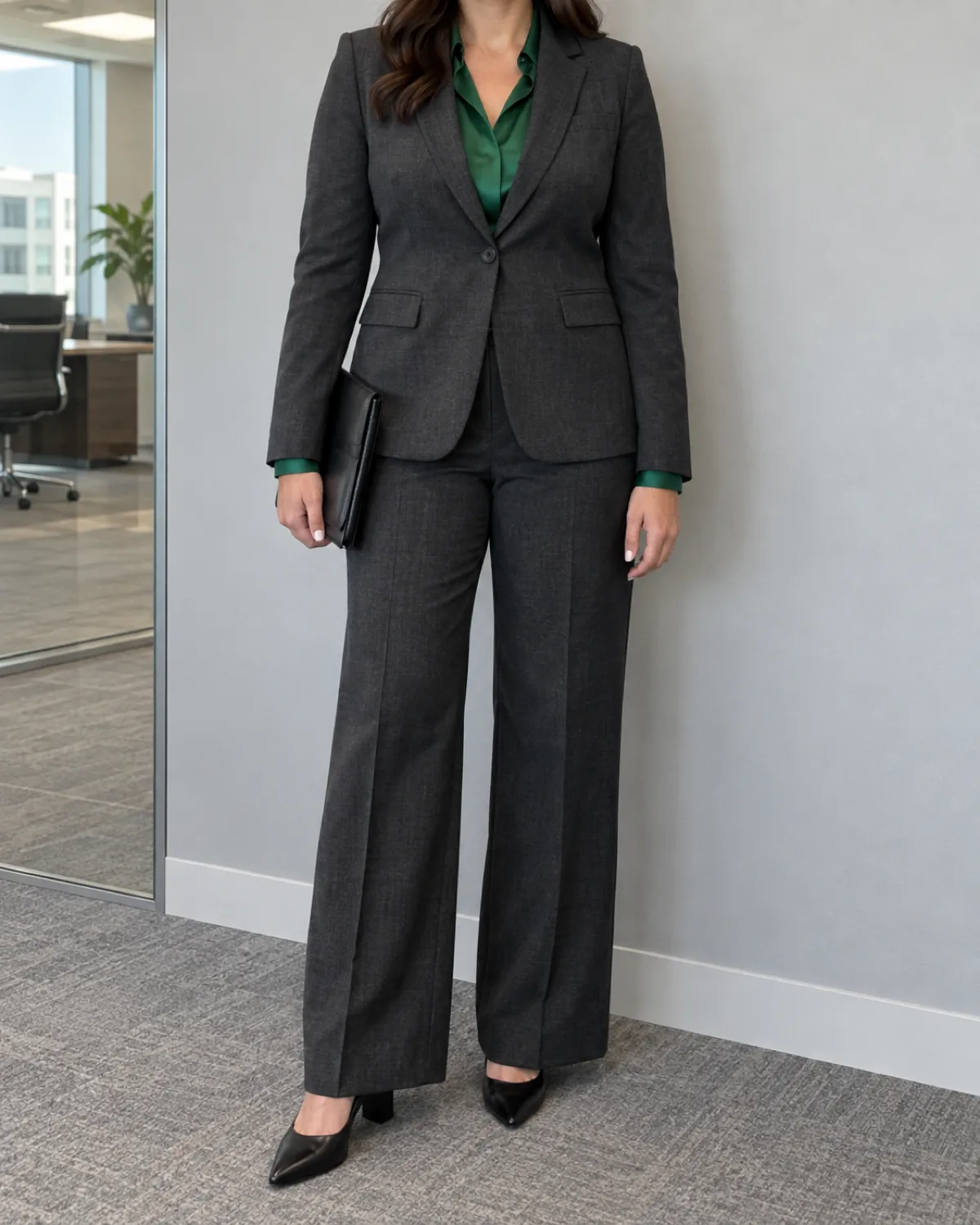 A midsize woman in a charcoal trouser suit with an emerald green silk blouse, standing against a grey office wall holding a portfolio
