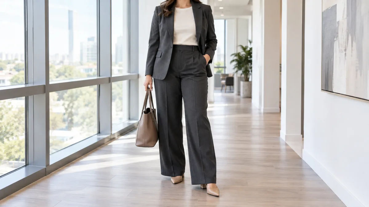 A midsize woman in a charcoal trouser suit and cream shell standing in a bright modern office corridor, holding a structured leather tote