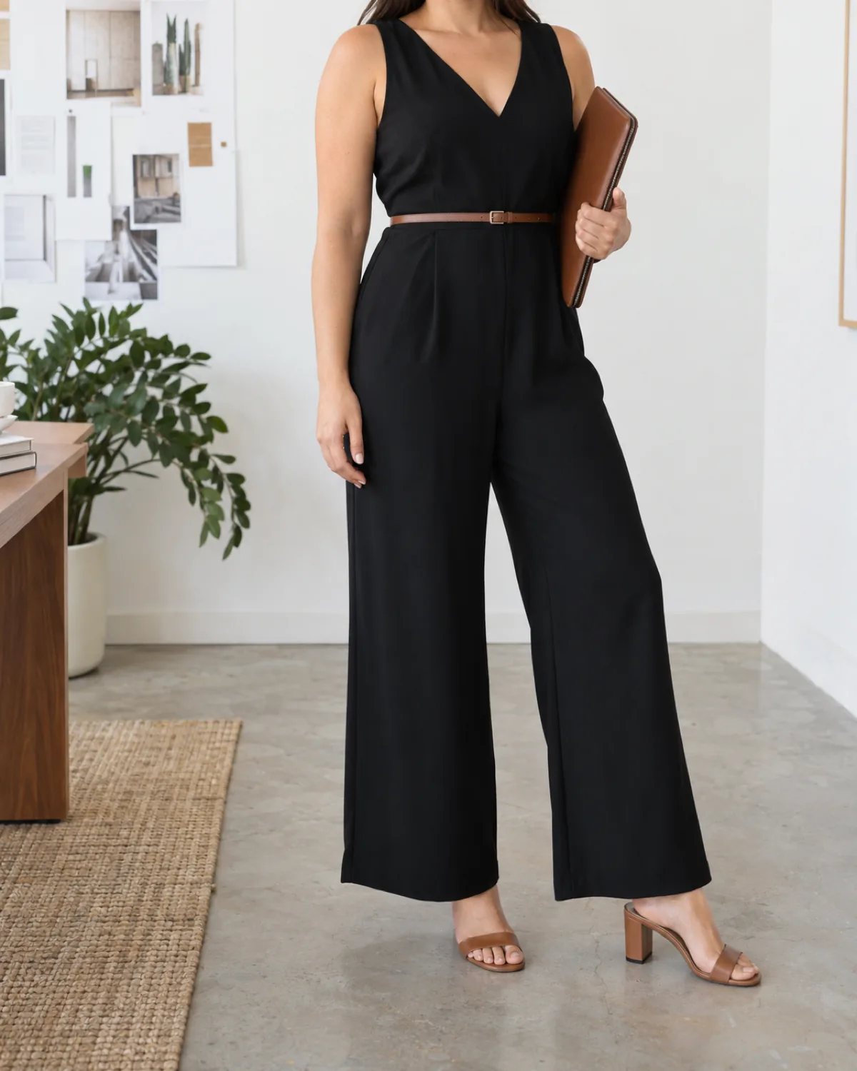 A midsize woman in a black wide-leg V-neck jumpsuit with a cognac belt, standing in a bright creative office holding a leather folio