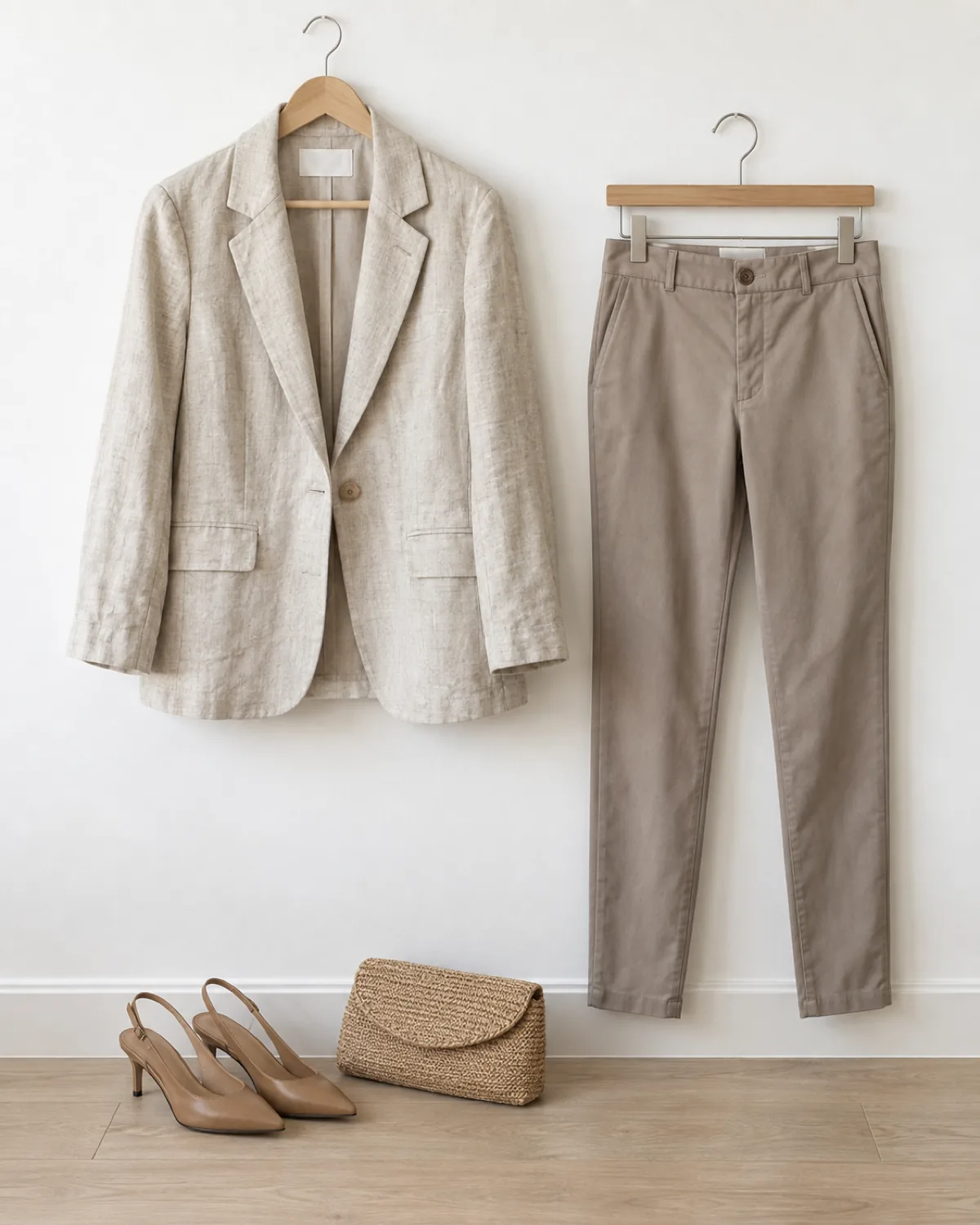 Oatmeal linen blazer and taupe slim ankle trousers hanging on wooden hangers against a white wall, with tan slingback heels and a woven clutch below
