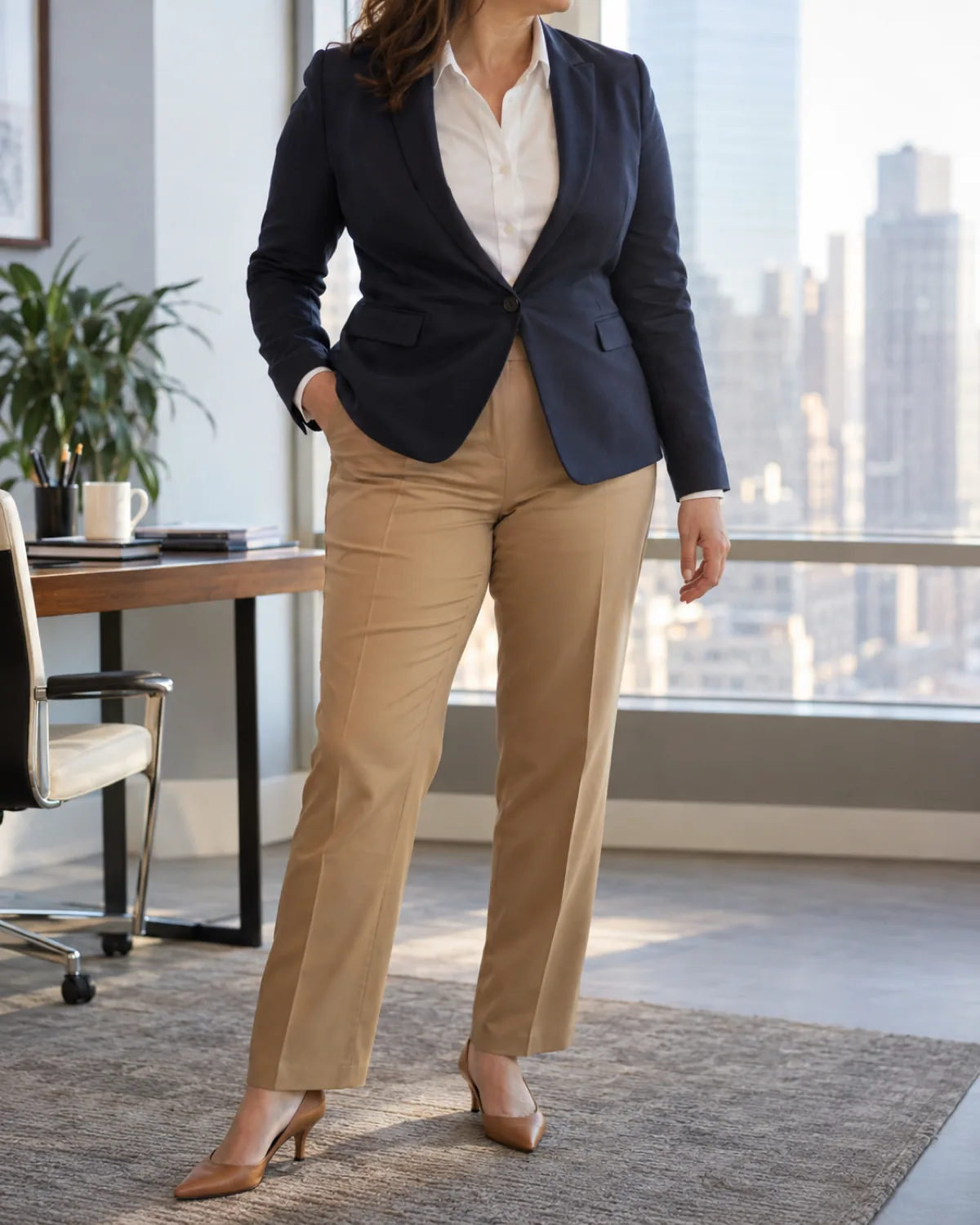 A midsize woman in a navy blazer over a white blouse with camel straight-leg trousers, standing in a sunlit office