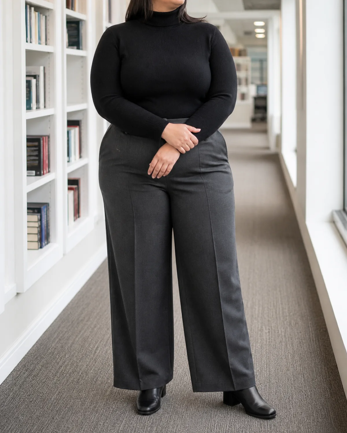 A plus-size woman standing in a publishing house hallway with bookshelves behind, wearing charcoal high-rise wide-leg trousers with a visible front crease and a fitted black turtleneck tucked in, arms crossed loosely at waist