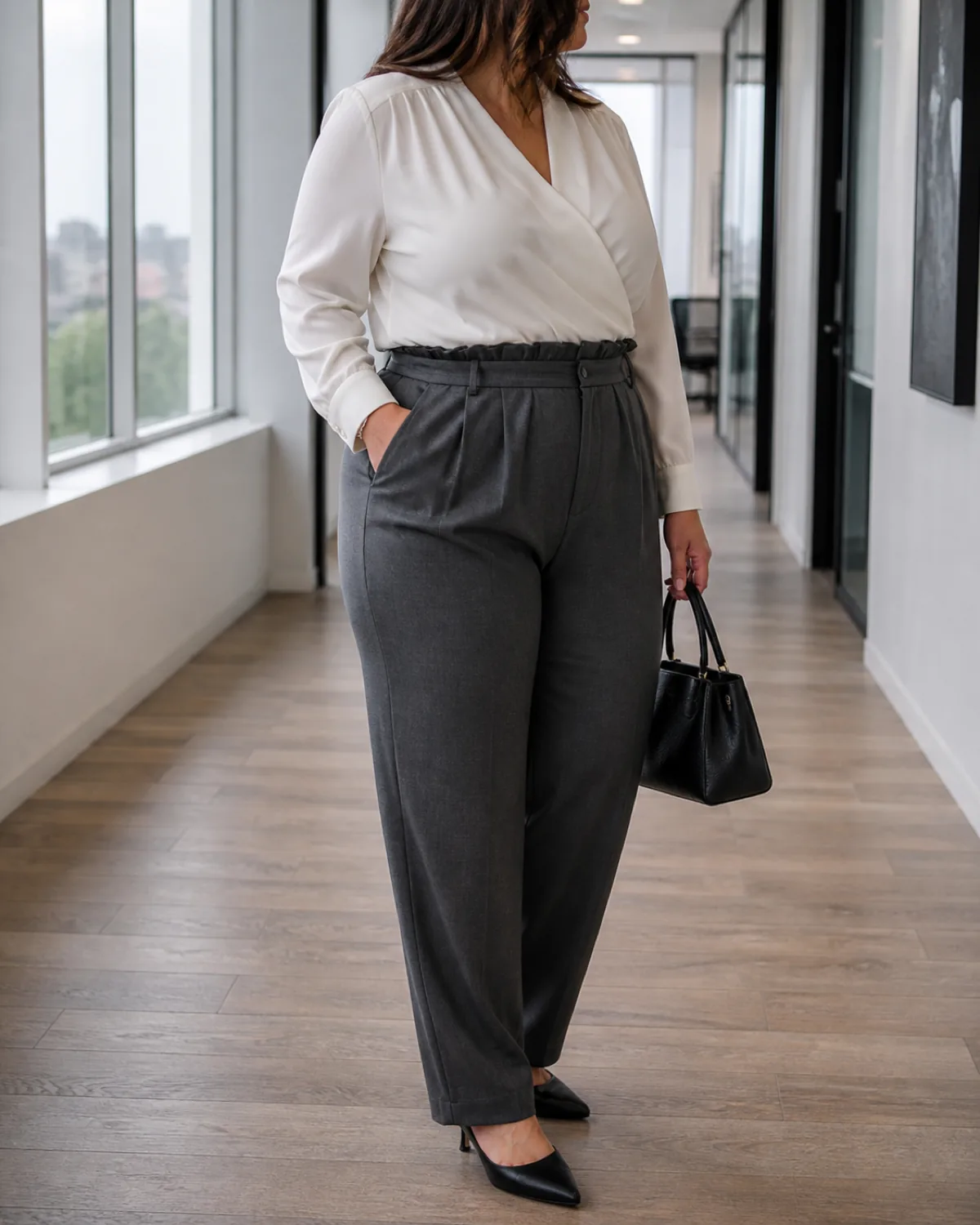 A plus-size woman in charcoal paper-bag waist trousers with a cream draped silk blouse tucked in, walking down a marketing agency corridor with one hand in her pocket, carrying a small black structured handbag