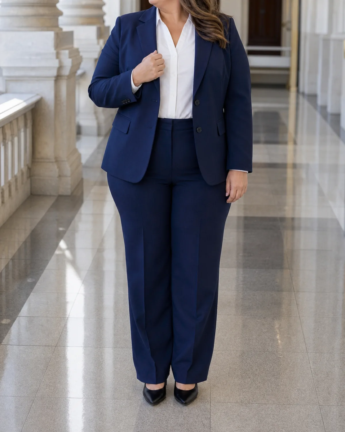 A plus-size woman in a matched navy trouser suit with a white button-down shirt, standing in a government building hallway with polished stone floor and classical columns