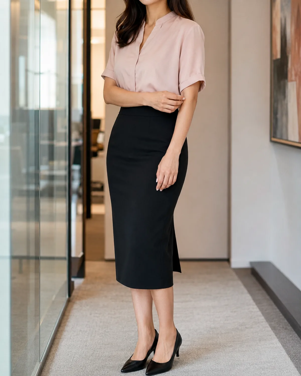 Mid-torso crop showing a black midi pencil skirt with a soft pink short-sleeve blouse tucked in