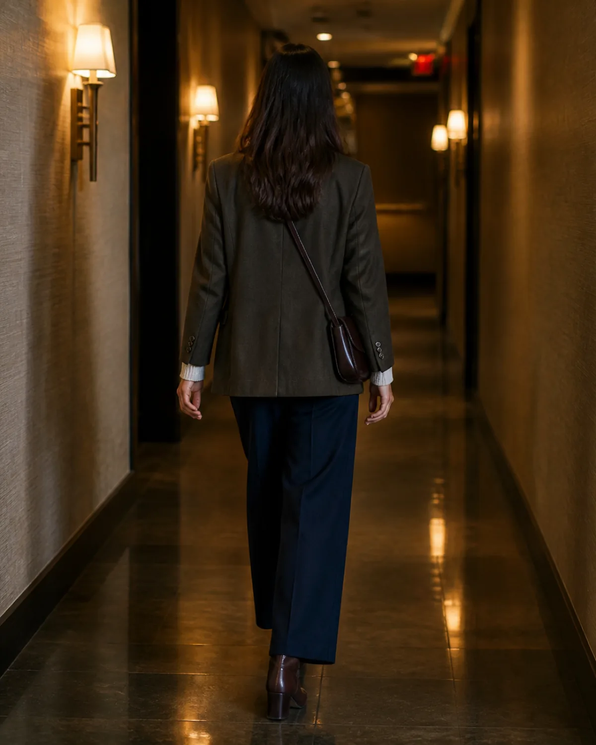 A woman walking away down a hotel corridor in a dark olive blazer over a cream turtleneck and navy wide-leg trousers, with a dark leather crossbody bag and brown ankle boots, warm sconce lighting on textured walls