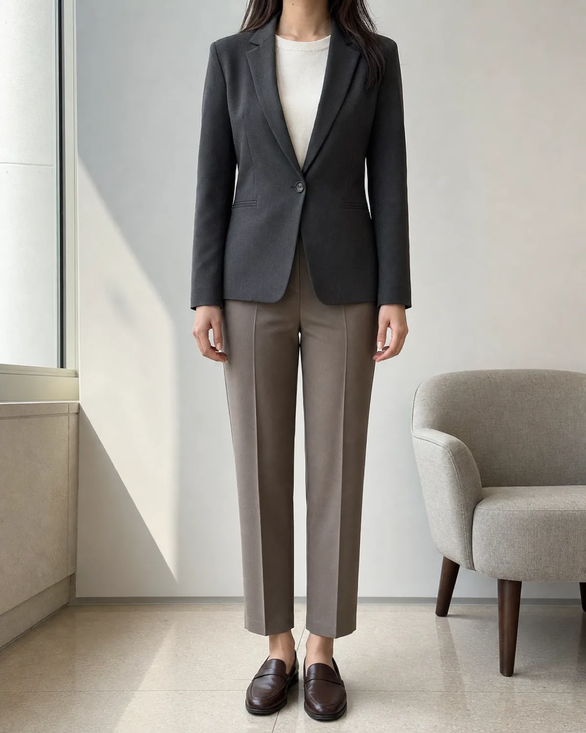 A woman standing straight-on in a charcoal single-button blazer over a cream crewneck, taupe ankle trousers with a pressed crease, and dark brown leather loafers, in a waiting area with an upholstered chair to the side