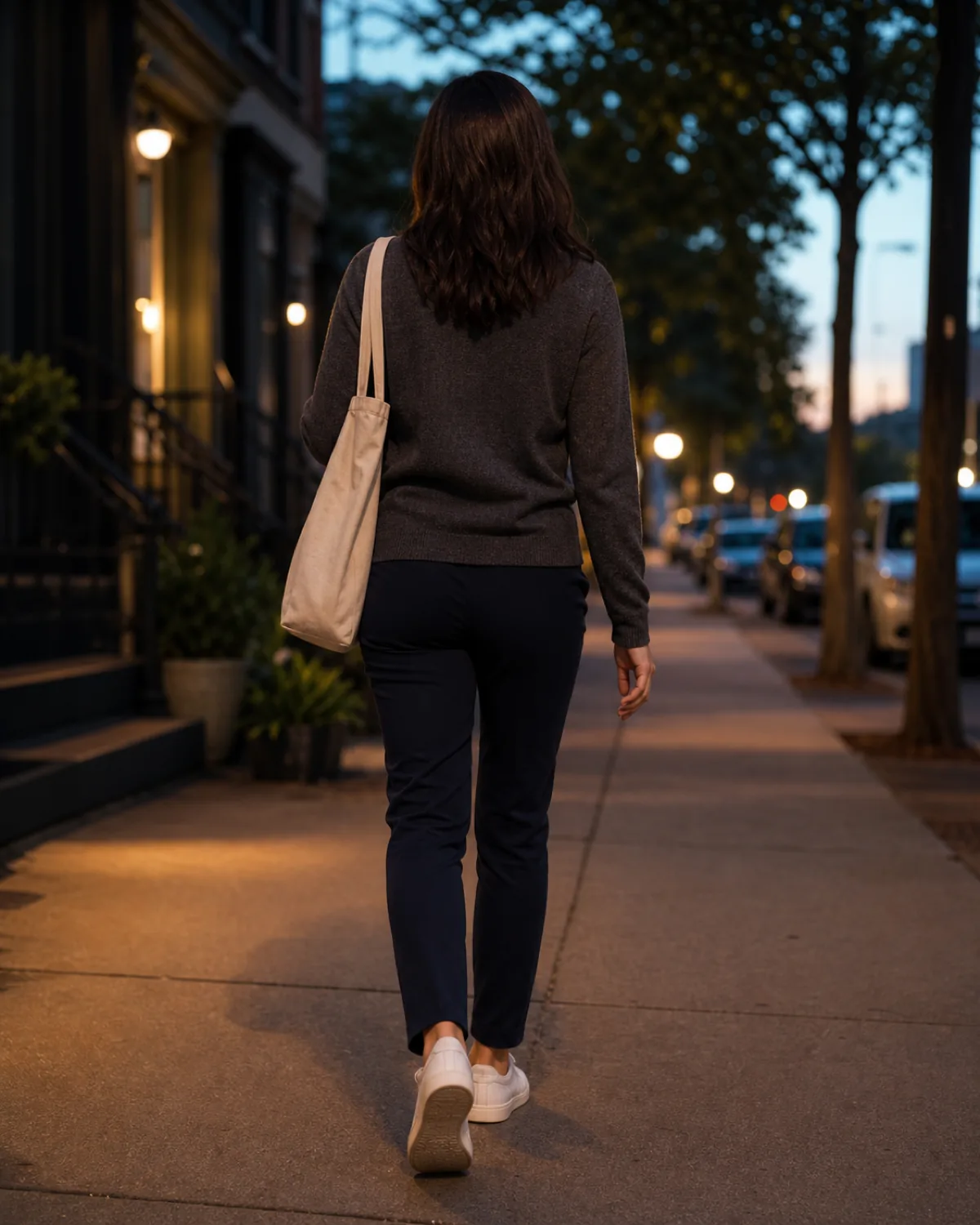 A woman walking away down a sidewalk at dusk, wearing a dark charcoal merino pullover, navy slim trousers, white minimal sneakers, and a canvas tote on one shoulder