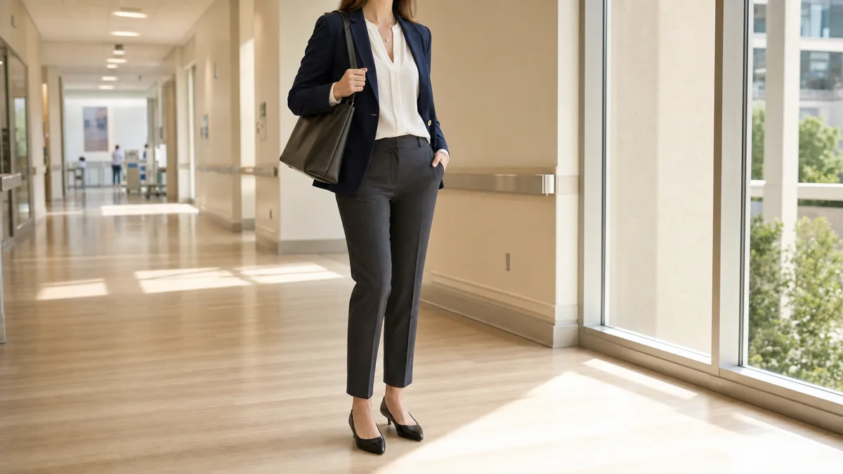 A woman in a navy blazer, white blouse and charcoal ankle trousers standing in a bright hospital corridor with a structured leather bag on one shoulder