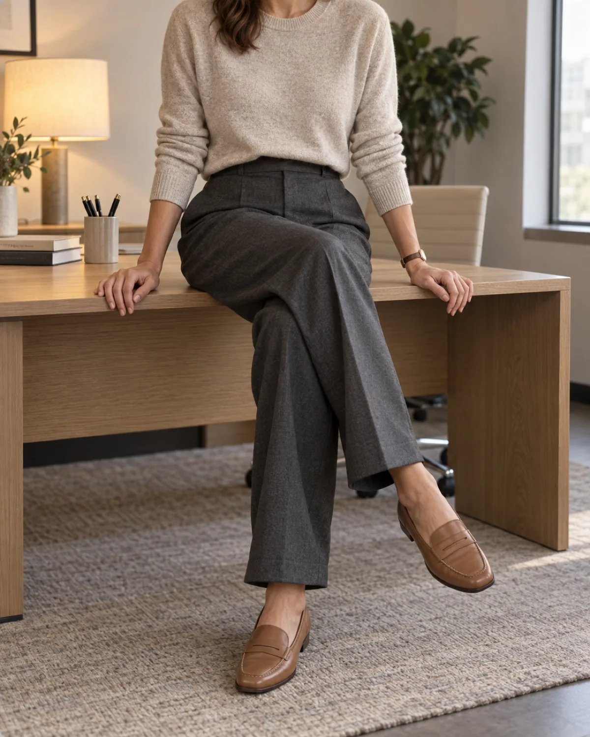 A woman seated at the edge of a light-wood desk with legs crossed, wearing an oatmeal crewneck sweater tucked loosely into charcoal wide-leg trousers and tan leather penny loafers, hands resting on the desk