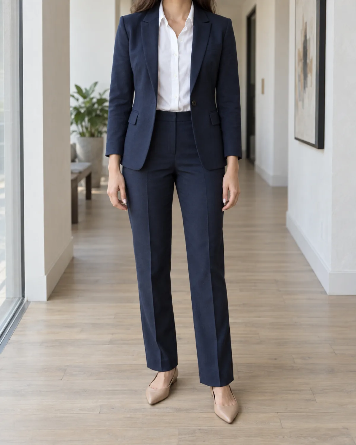 A woman standing straight-on in a hallway wearing a white button-front shirt under a navy blazer with navy tailored trousers and nude pointed-toe pumps, head cropped out of frame