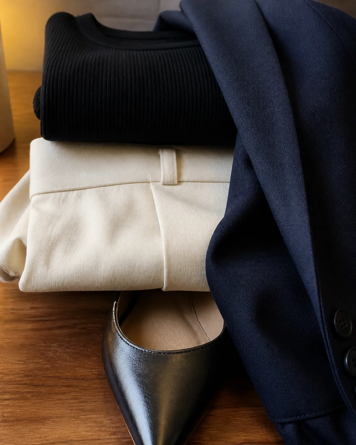 A stacked close-up of a black ribbed bodysuit folded on ivory crepe high-waisted trousers with a navy blazer sleeve draped over them and a black pointed-toe flat peeking out, on a wood surface