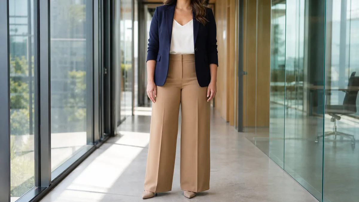 A flat-lay arrangement of folded office casual garments including a charcoal blazer, ivory silk camisole, navy wide-leg trousers, and tan pointed-toe flats on a pale linen surface