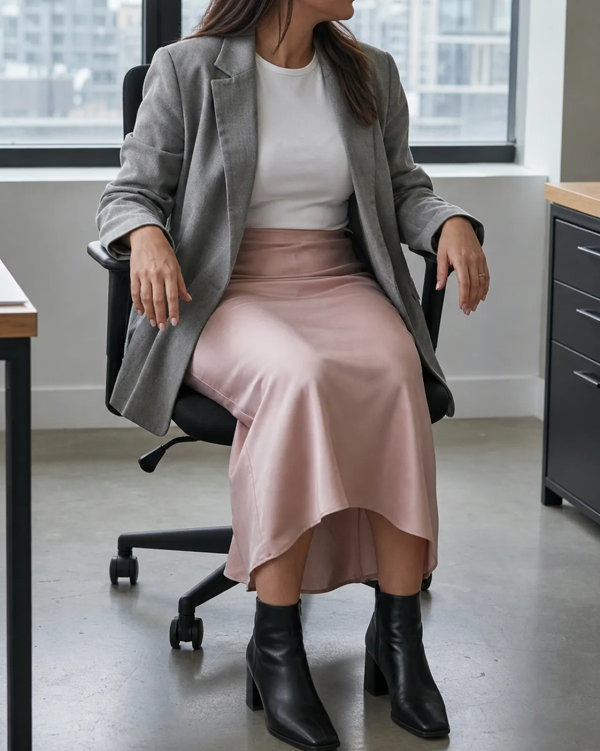 A woman seated in an office chair wearing a grey relaxed-fit blazer open over a white fitted crewneck tee and a blush satin bias-cut midi slip skirt with black block-heel ankle boots