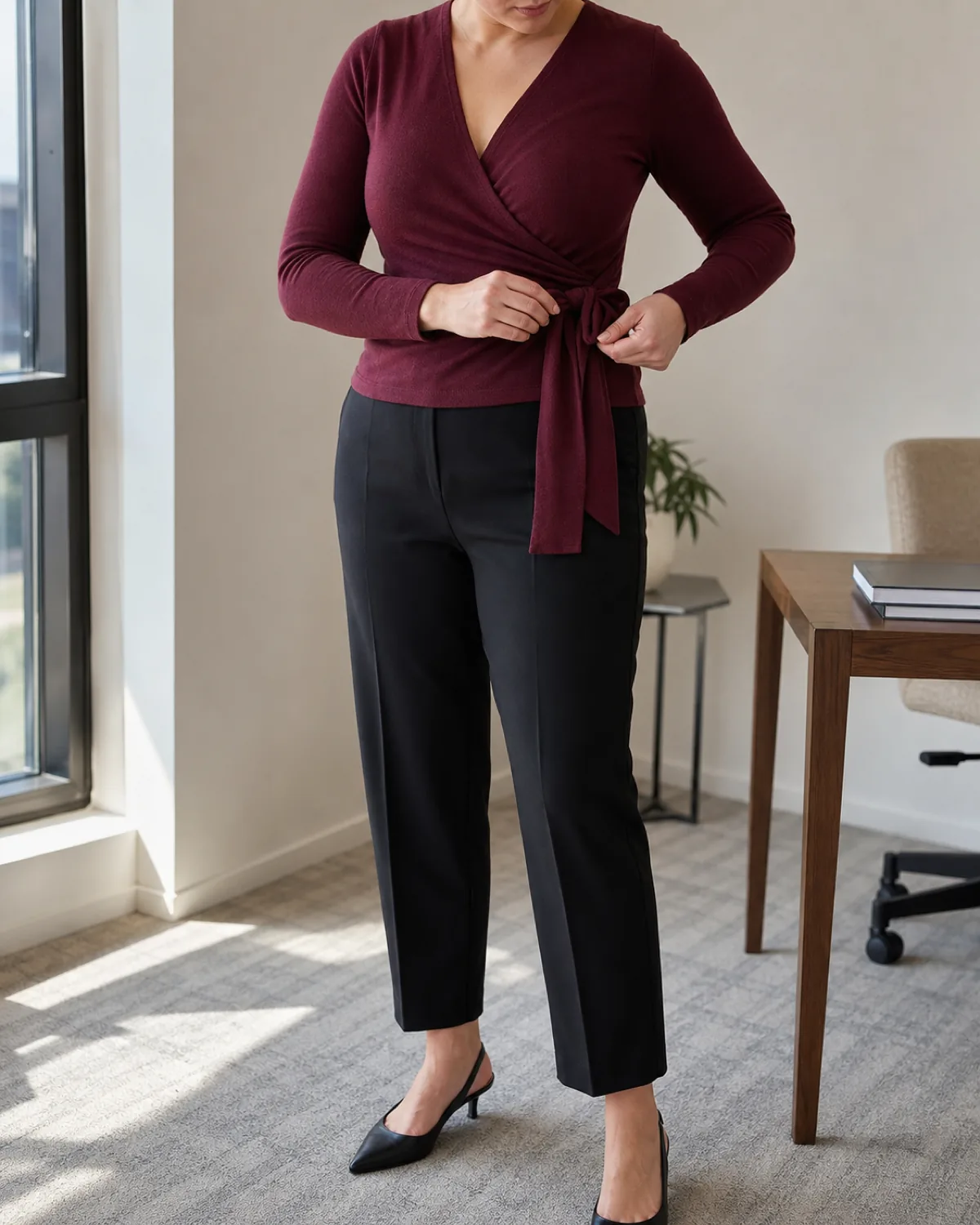 A woman in a black knit wrap top with an adjustable waist tie and taupe tailored ankle-length trousers, walking mid-stride with pointed-toe beige slingback kitten heels