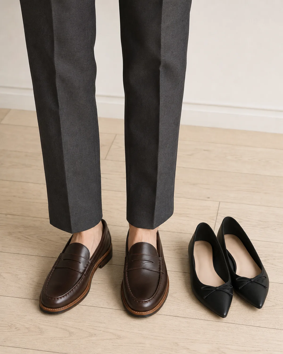 Close crop on the lower legs and feet showing charcoal slim trousers with dark brown penny loafers on feet and black pointed-toe ballet flats arranged beside on a pale wood floor