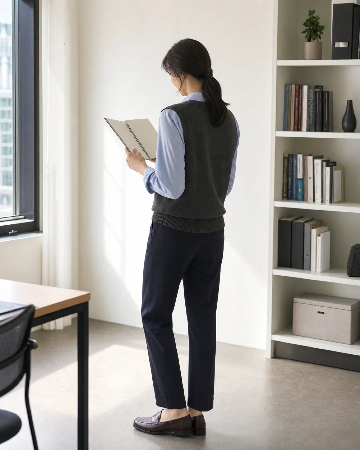 A woman seen from behind in a charcoal knit sweater vest over a pale blue collared shirt with navy trousers and brown loafers, reading a notebook near a bookshelf