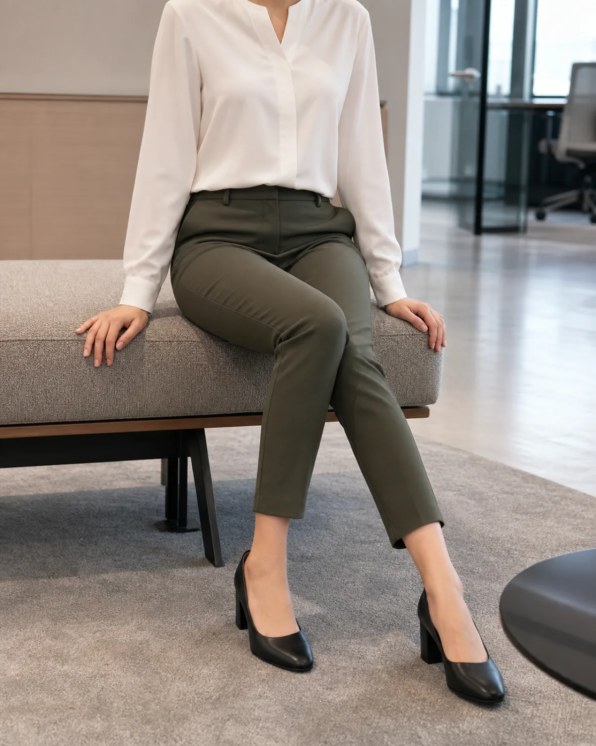 A petite woman seated on a low upholstered bench in an office lounge with one leg extended showing olive cigarette trousers tapering to the ankle, a white collarless blouse, and black block-heel pumps