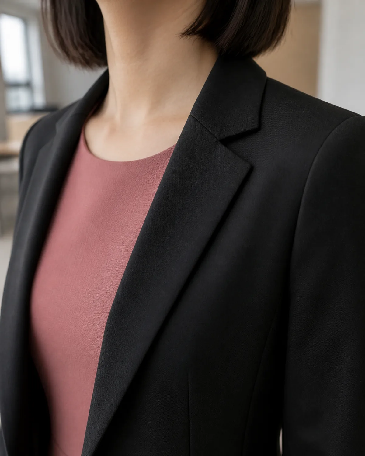 Close crop on the shoulder and collar area of a petite woman wearing a dusty-rose fit-and-flare dress with a round neckline visible under a cropped black blazer with notched lapels