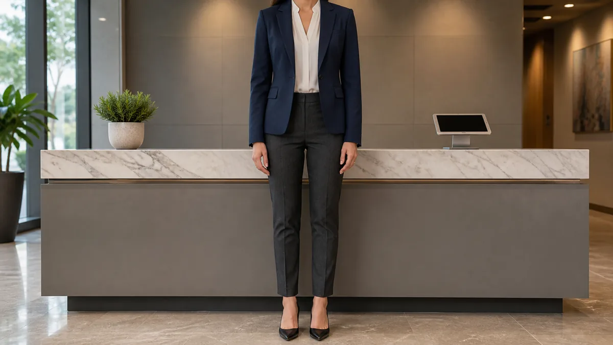 A woman in a navy blazer, ivory blouse and charcoal ankle trousers standing behind a marble reception desk in a modern corporate lobby