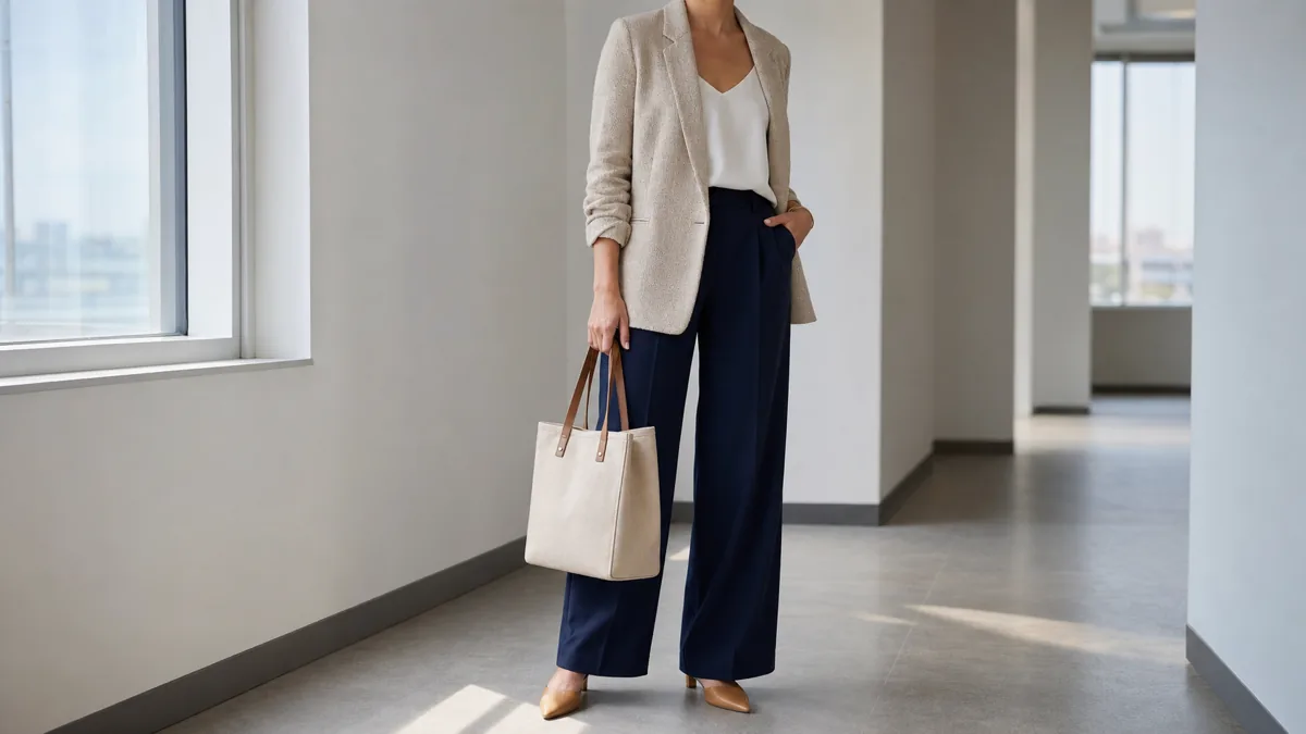 A woman in an oatmeal knit blazer over a white camisole and navy wide-leg trousers, holding a canvas tote in a bright office corridor